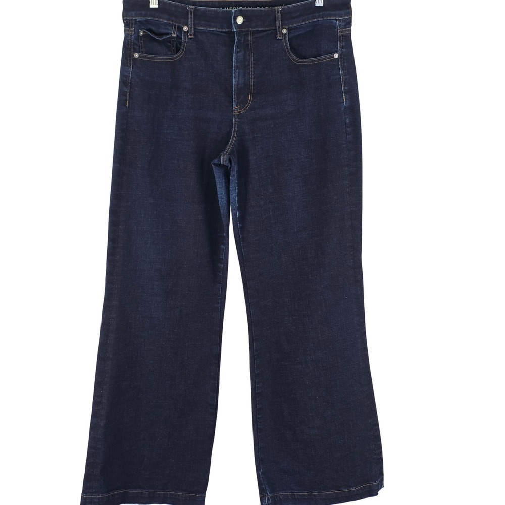 American Eagle Wide‎ Leg Jeans Women 16 Blue Dark Wash Super Stretch High Rise